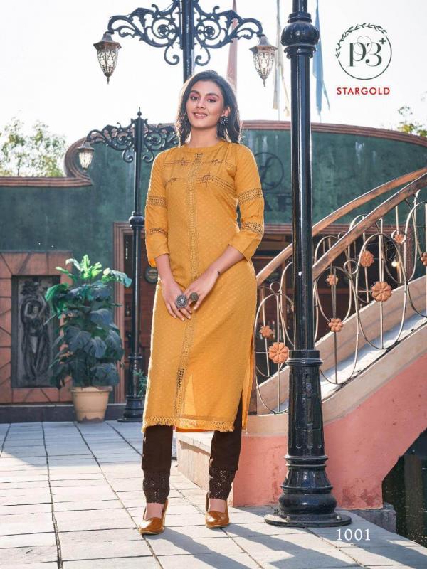 P3+ Star Gold Rayon Designer Kurti With Bottom Collection